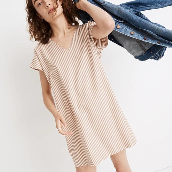 Madewell Dresses & Skirts - NWT Madewell Striped Button Back Shirt Dress Small Casual Boho V Neck White Tan